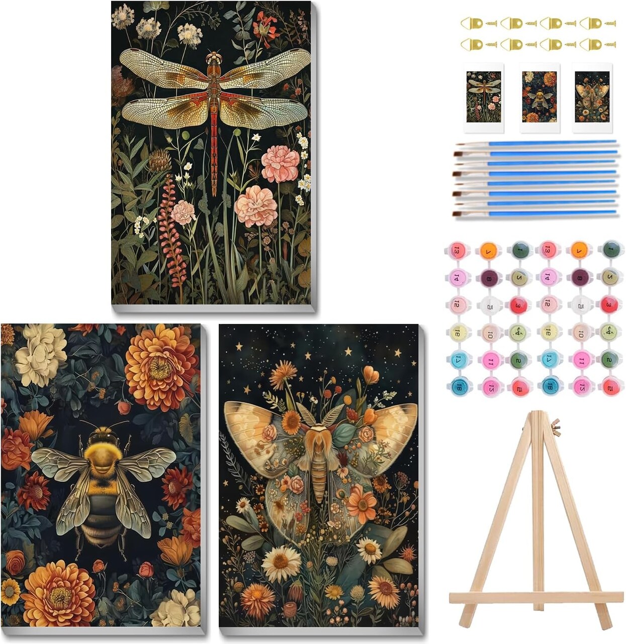 3-Pack Paint by Numbers Kits for Adults – Bee, Butterfly & Dragonfly Designs with Wooden Frame Easels – DIY Canvas Painting Set for Home Decor, Gifts, and Wall Art, 8x12 Inch